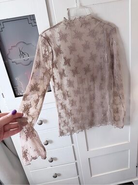 Zenana Outfitters Sheer Lace Starprint Blouse in Taupe